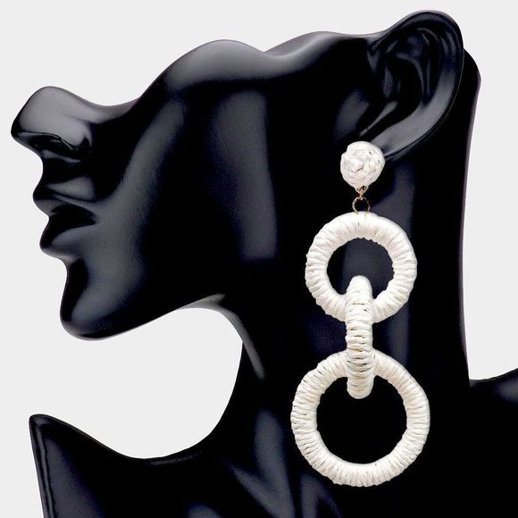 White Wrapped Straw Triple Open Circle Link Drop Statement Earrings - Picture 1 of 1